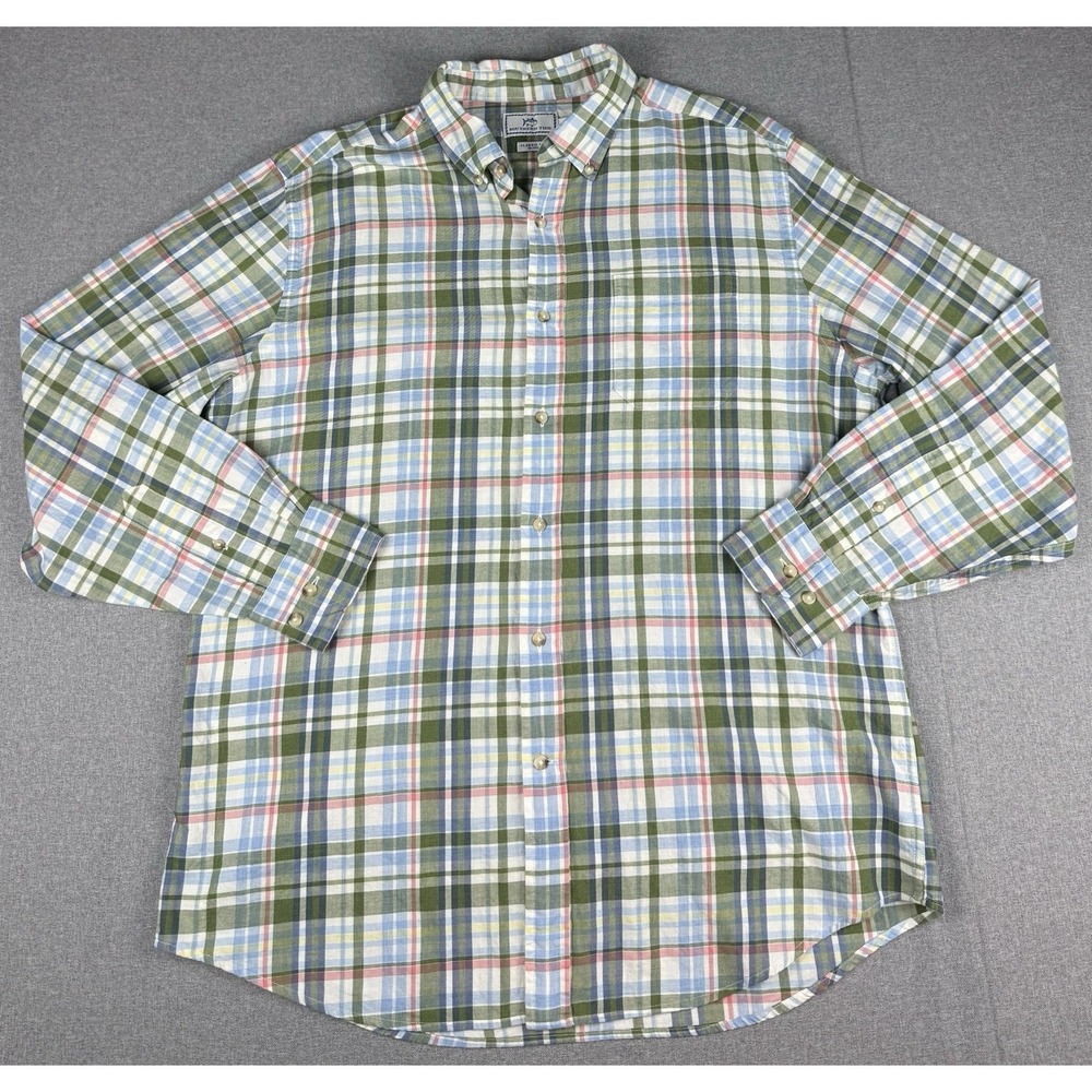 Southern Tide Mens L Plaid Button Down Shirt Classic Fit Green Blue 100% Cotton